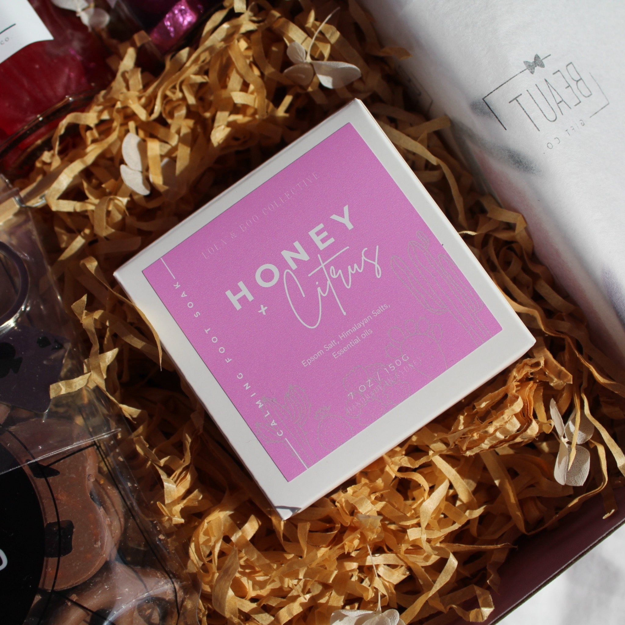 Honey and Citrus Foot Soak Salts in a 150g box by Lola and Boo Collective – natural epsom and Himalayan salt blend with essential oils