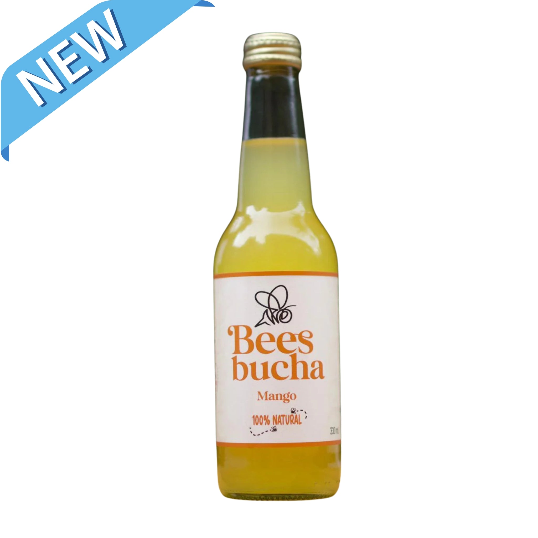 Close-up of a 330ml bottle of natural Australian honey and mango brew, made with wild eucalyptus 