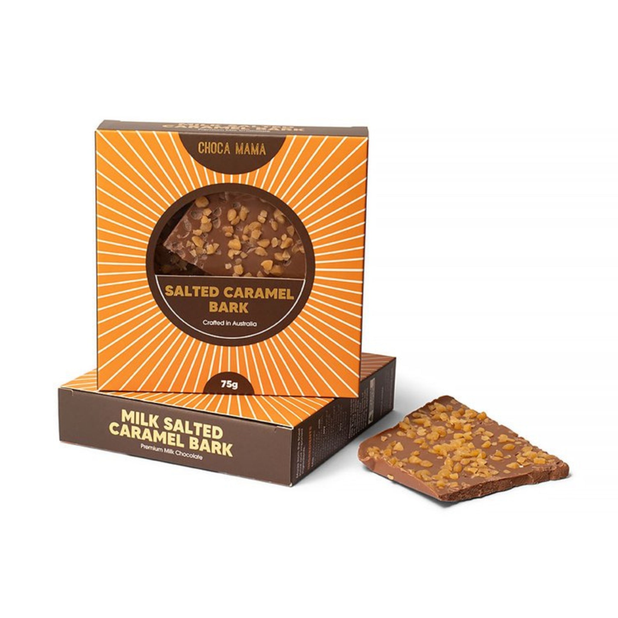 Milk chocolate bark topped with golden salted caramel crunch, 75g bar – perfect gourmet gift box addition.
