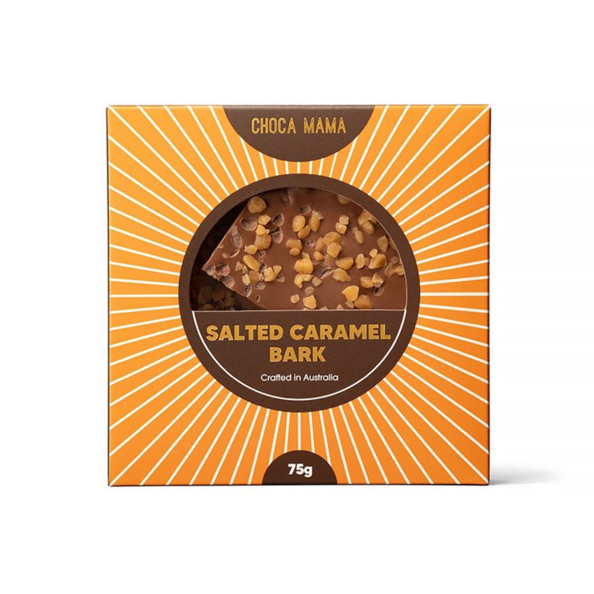 Milk chocolate bark topped with golden salted caramel crunch, 75g bar – perfect gourmet gift box addition.