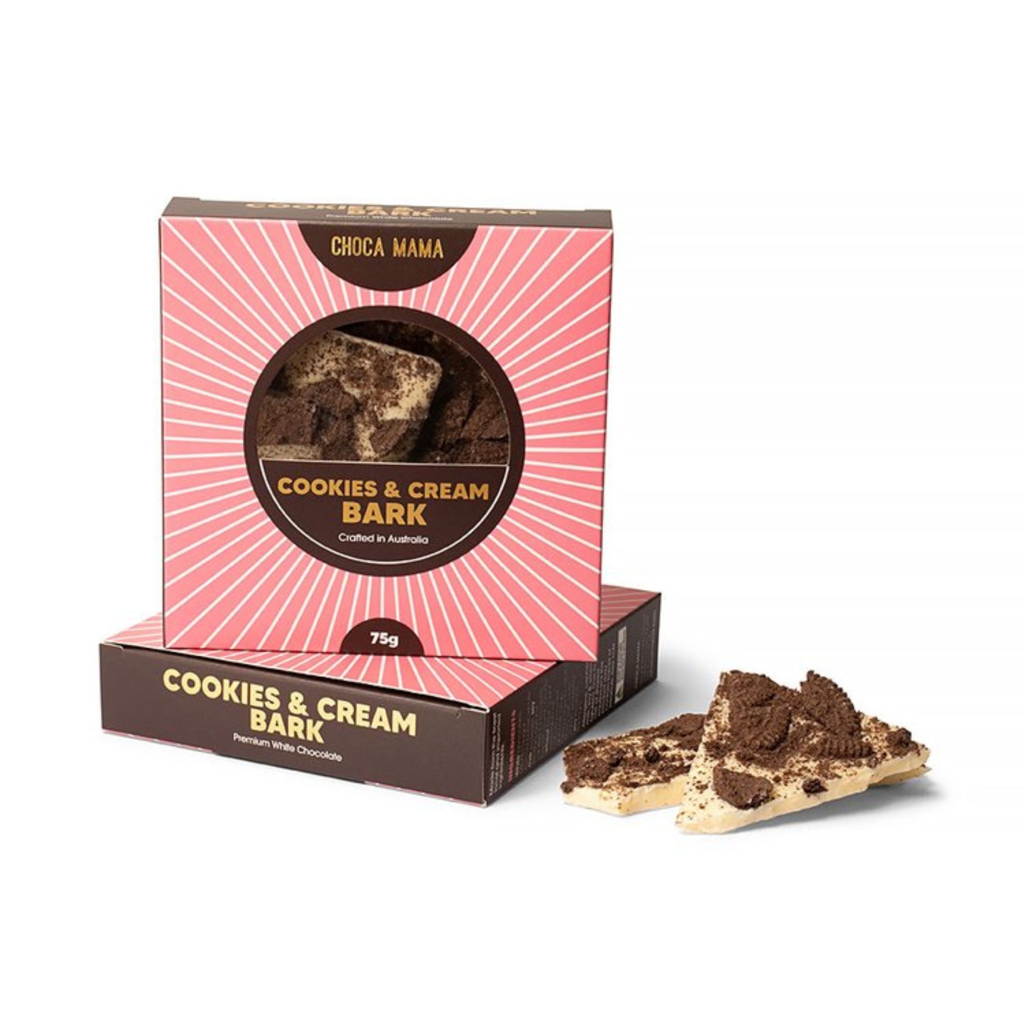 White chocolate bark with crushed cookies, 75g block – Australian-made gourmet cookies and cream treat.