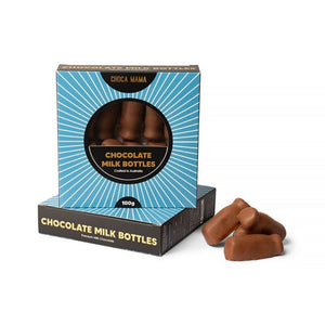 Chocolate-covered milk bottle lollies in 100g pack – nostalgic Australian candy perfect for gifting.