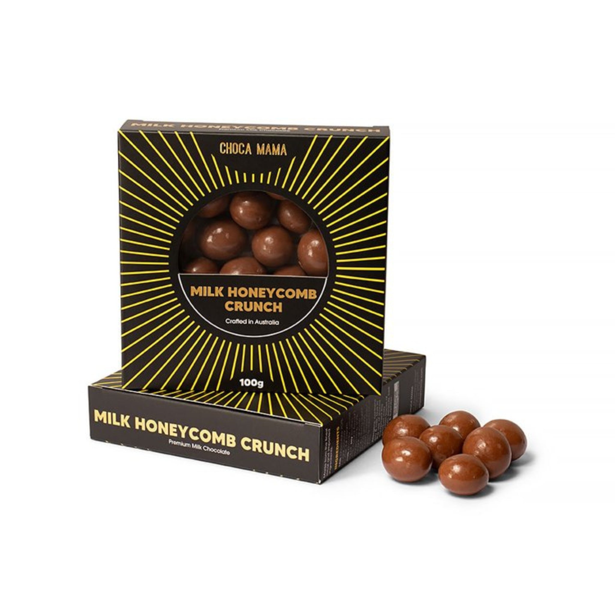 Milk chocolate-coated honeycomb pieces in 100g bag – classic Australian sweet, perfect for gifting or indulgence.