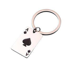 Black and stainless steel Ace of Spades keychain, 3cm x 2cm charm with 6.3cm total length, sleek unisex design