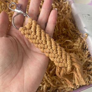 Close-up of cotton rope detail in boho macramé keychain