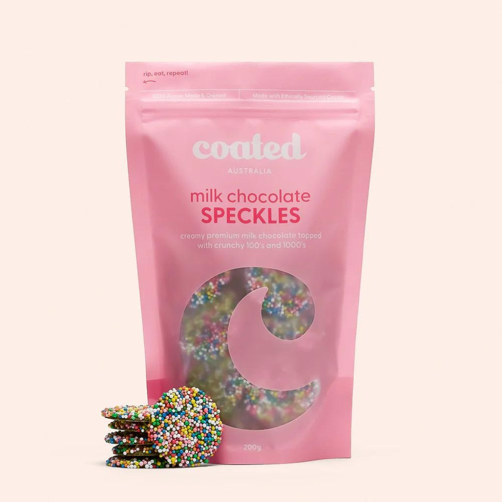 Coated Australia 100's and 1000's, premium milk chocolate topped with colourful crunchy sprinkles, 200g