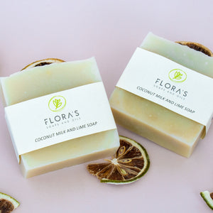 Flora’s Handmade Coco & Lime Soap – 120g bar made with coconut milk, cocoa butter, and lime oil for a refreshing and moisturising cleanse.