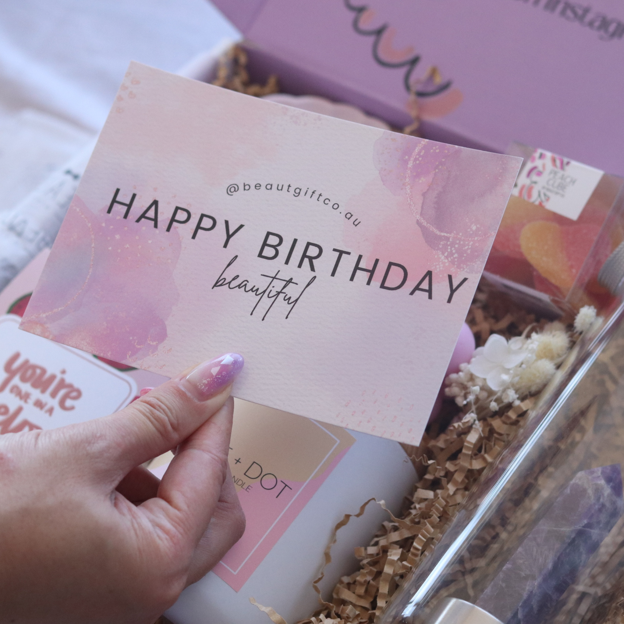 happy birthday card purple with black writing