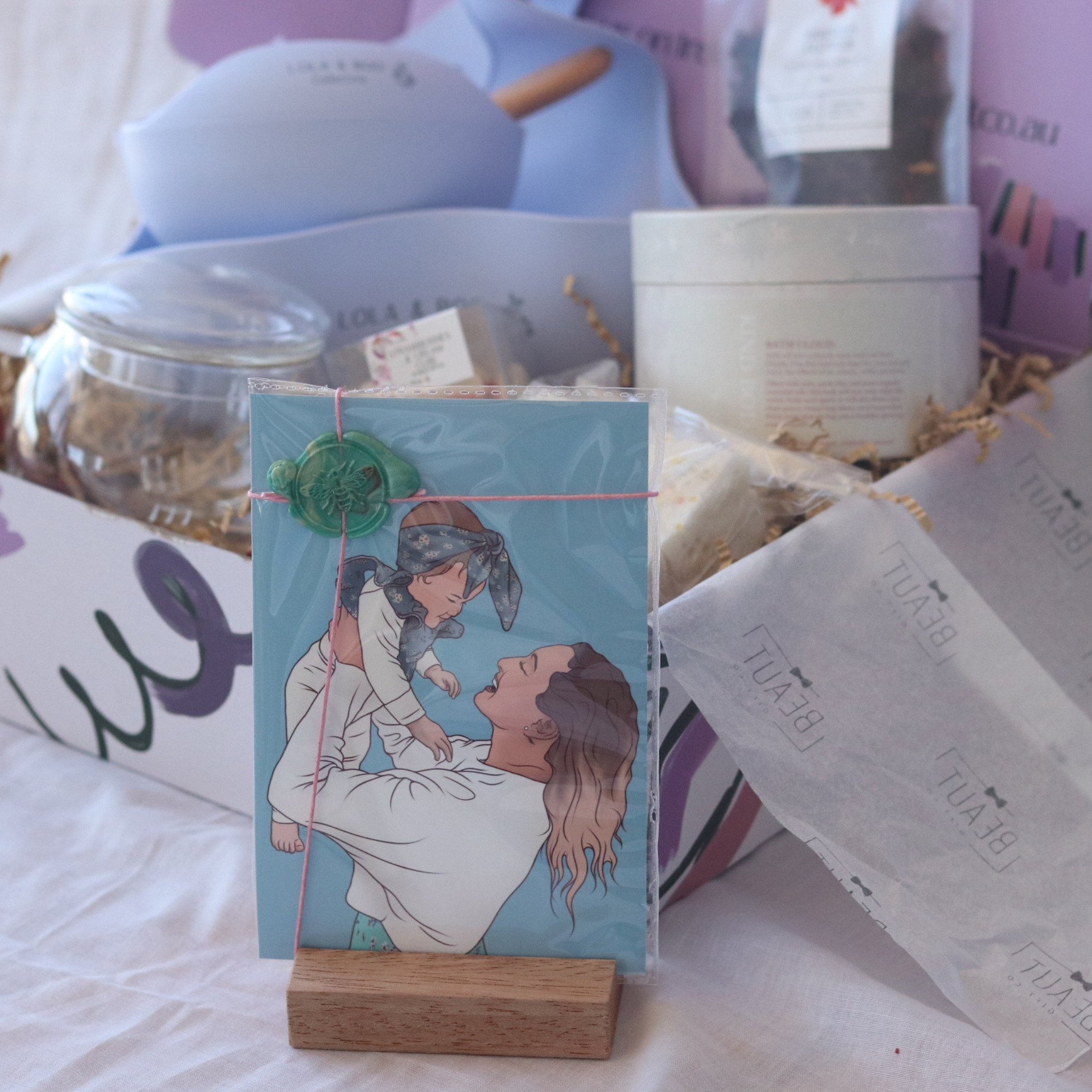 mum and bub pamper hamper, baby shower gift from sydney and a custom illustration