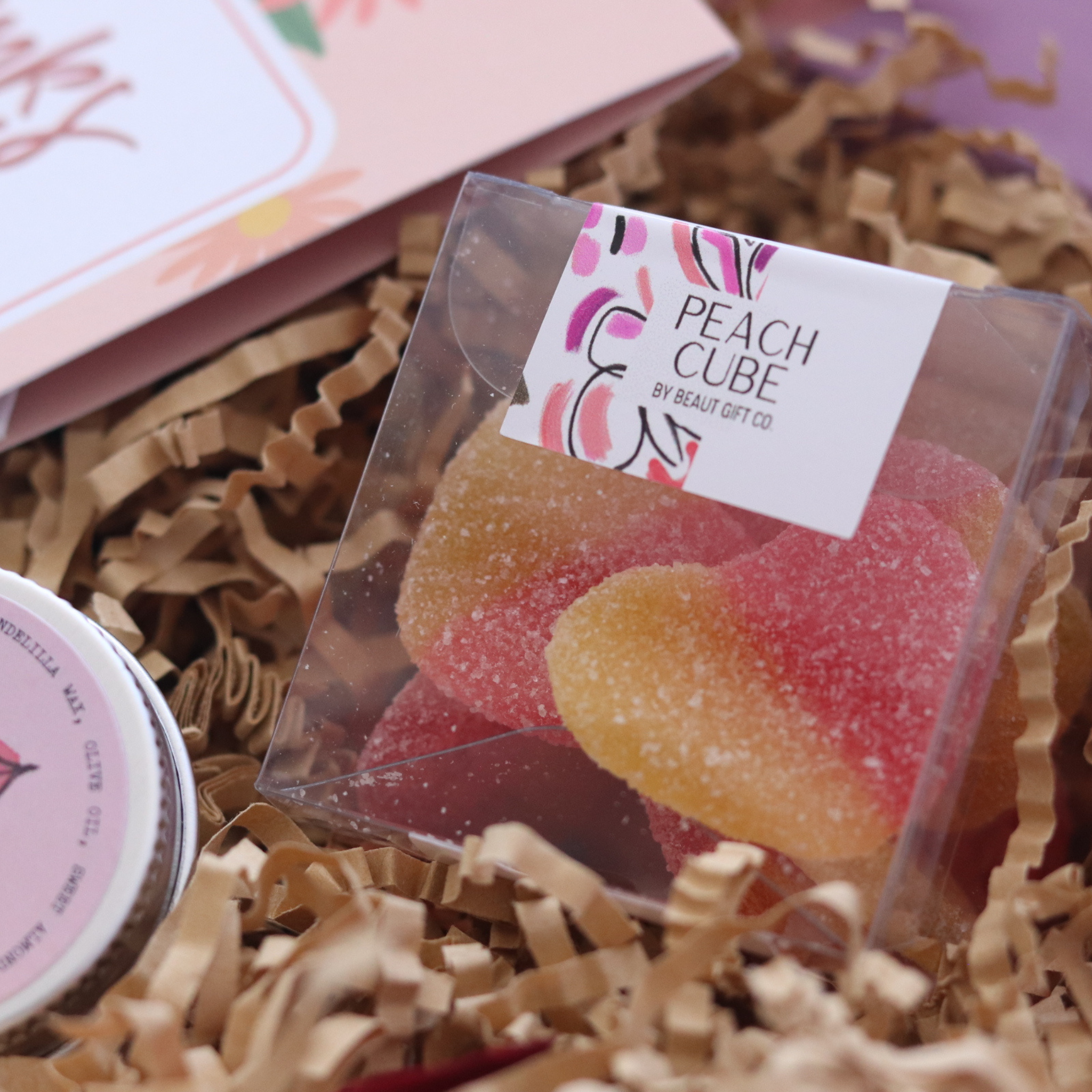 peach hearts in clear cube
