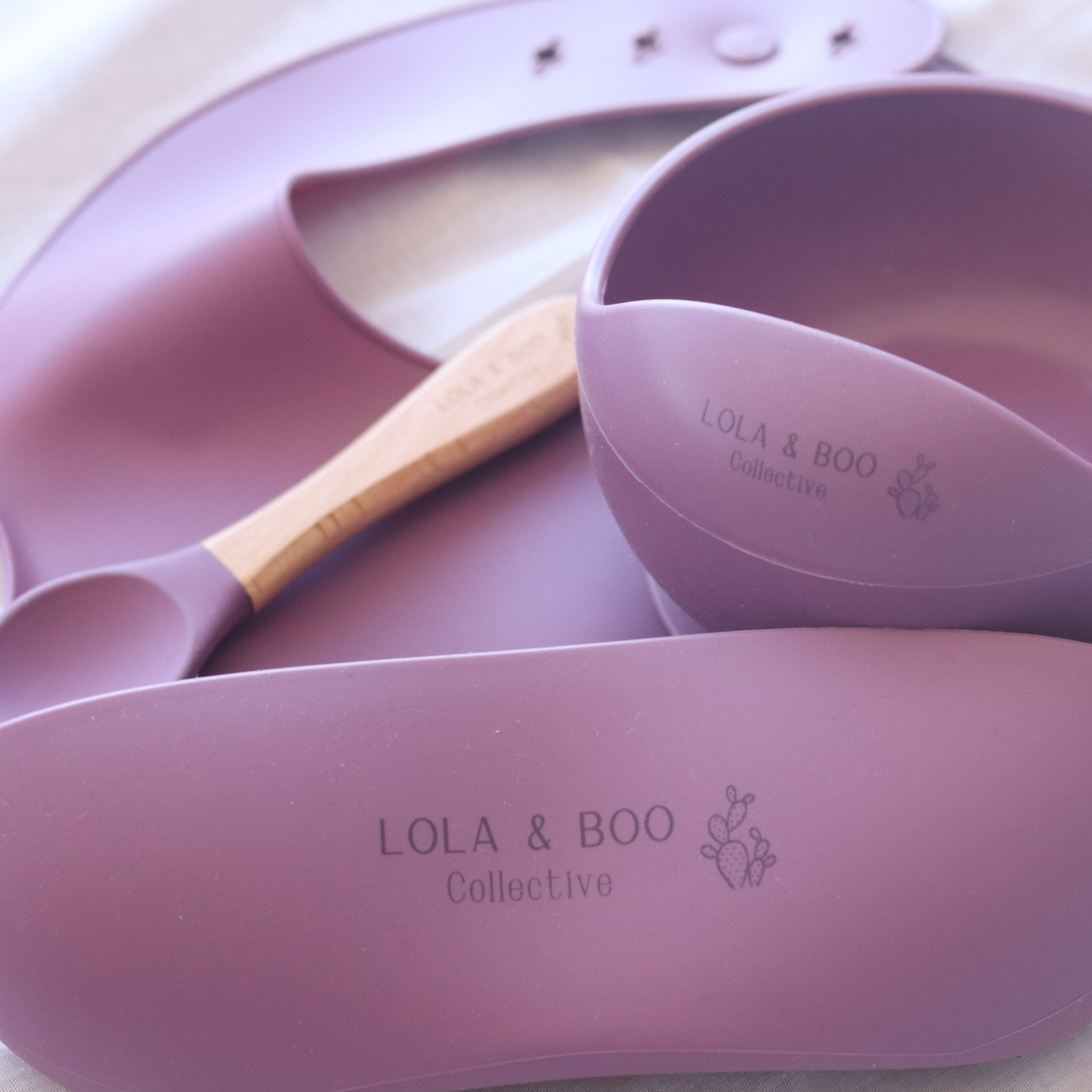 plum 3 piece silicone feeder set, baby shower gift, new mum gift, mum and bub gift
