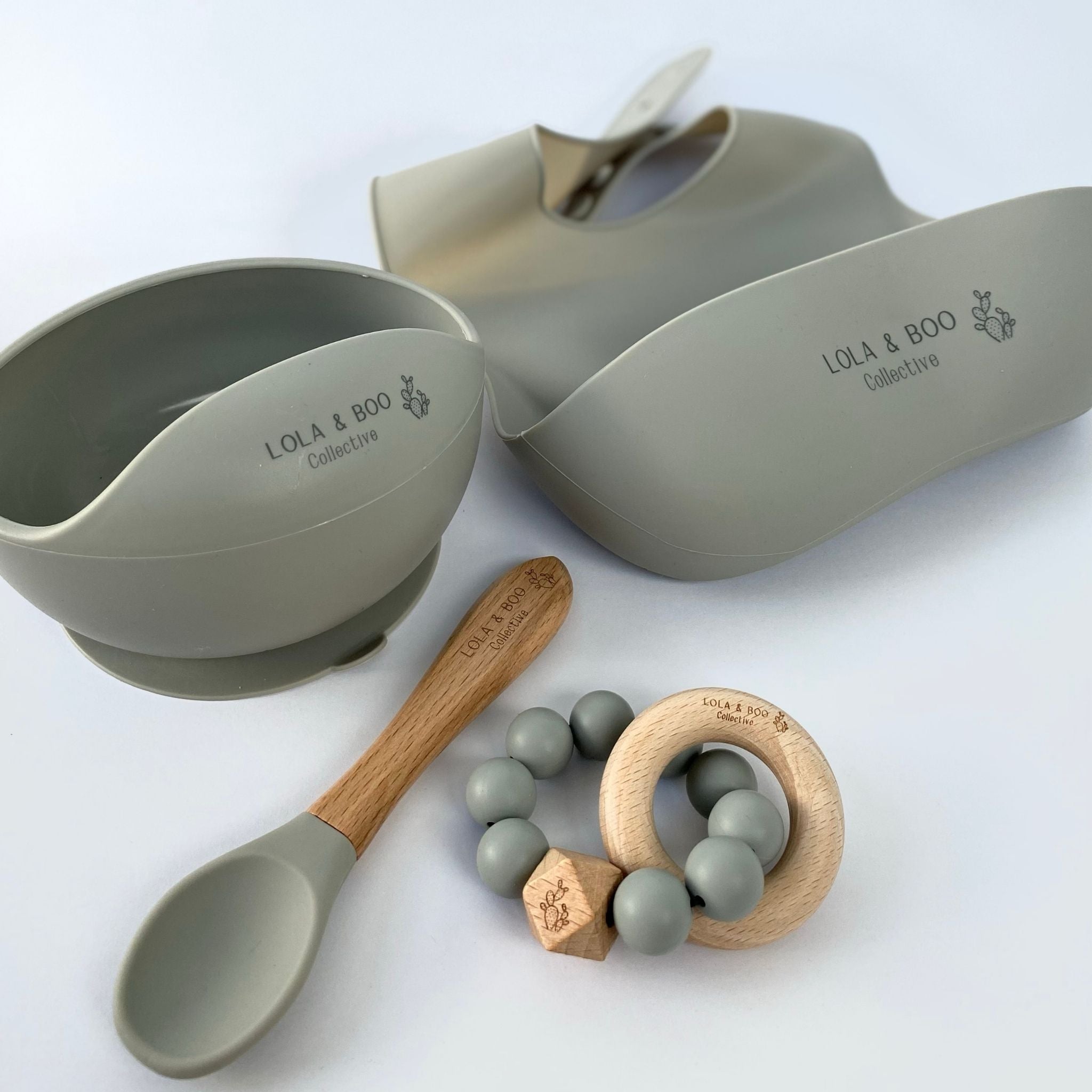 4 piece baby silicone feeder set in smokey grey, great gifts for mums of small babies
