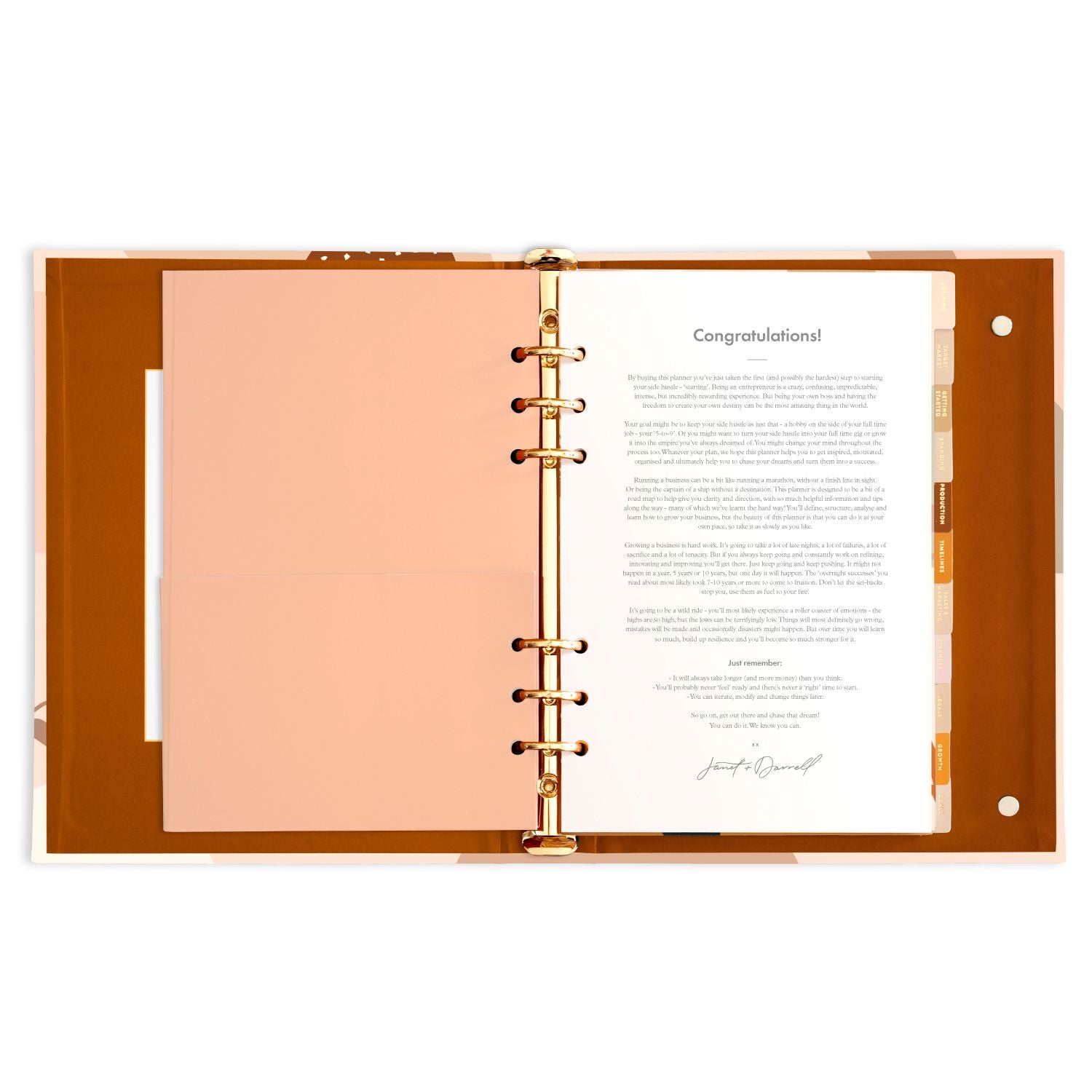 Fox & Fallow Side Hussle 2.0 Planner with a peach cover ad brown red purple green leaves on the cover congratulating you