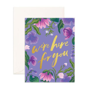 Fox & Fallow We're here for you Card, purple with gold writing 