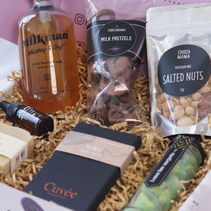mens gift box filled with pamper items and sweet treats, made in sydney
