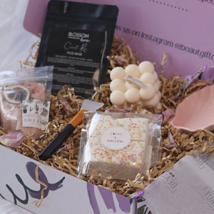 gift box featuring a face mask, bath salts, marshmallows, candle and mixing shell. sydney based gift boxing with free delivery