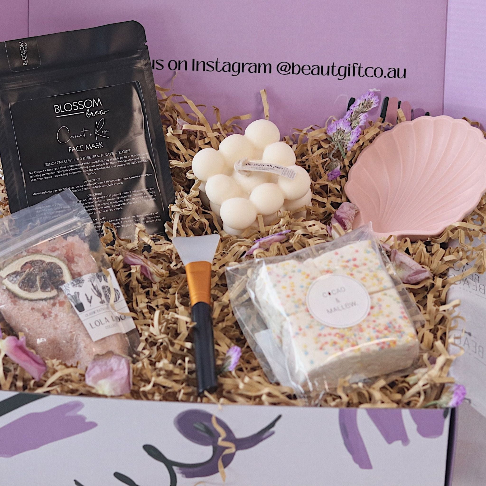 gift box featuring a face mask, bath salts, marshmallows, candle and mixing shell. sydney based gift boxing with free delivery