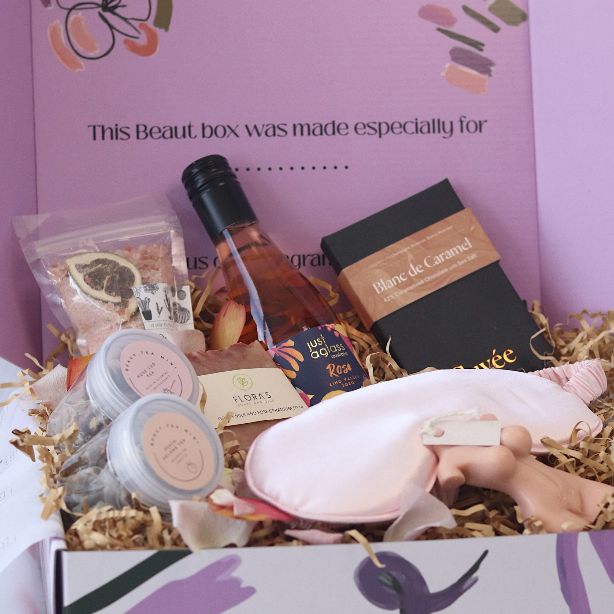 mothers day gift box including wine, pamper items and home decor