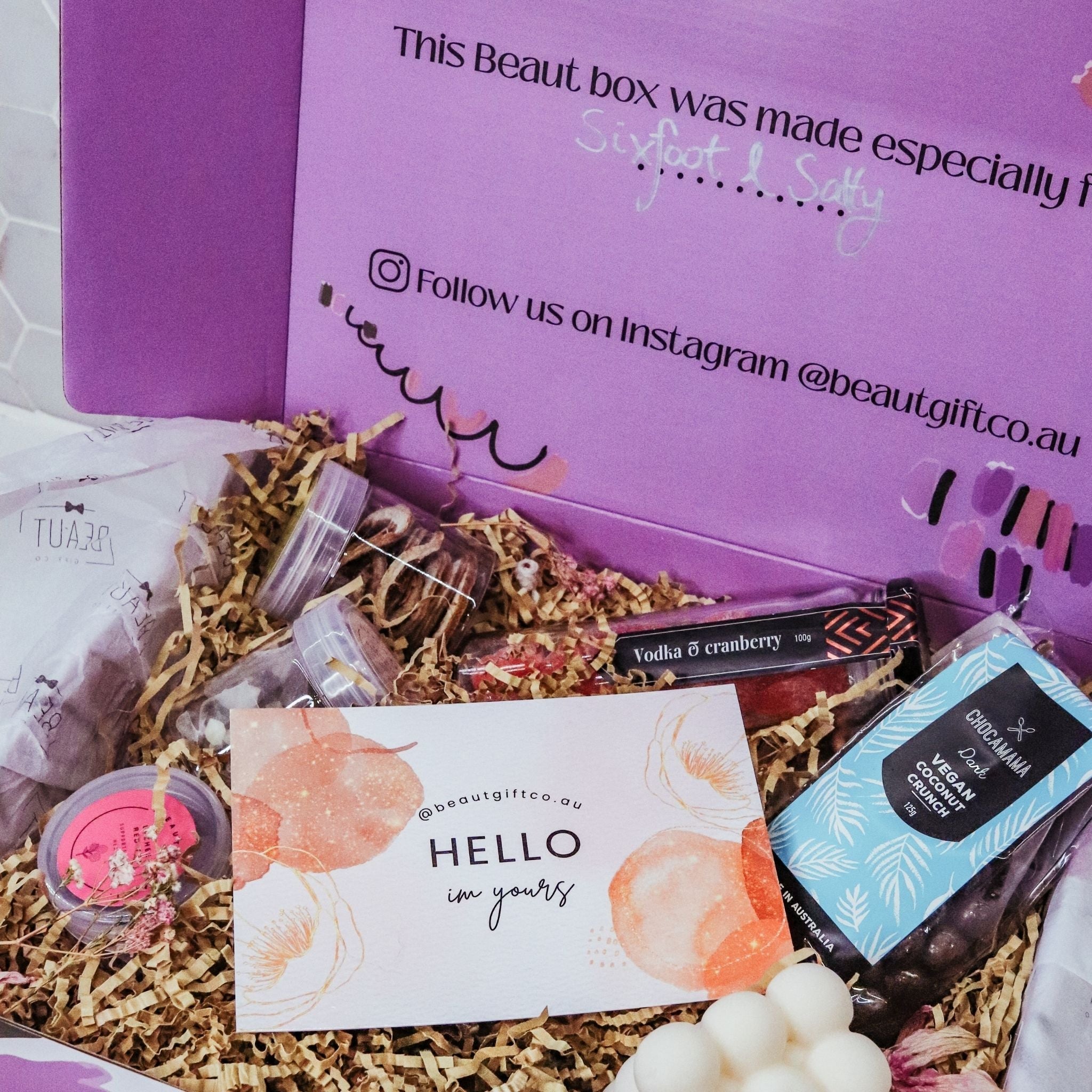 Custom Beaut Box filled with unique goodies, tailored to the recipient’s preferences. Supports local businesses and comes with a handwritten note