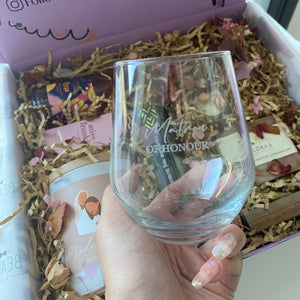 custom engraved stemless wineglass made in sydney with "matron of honour" engraved 