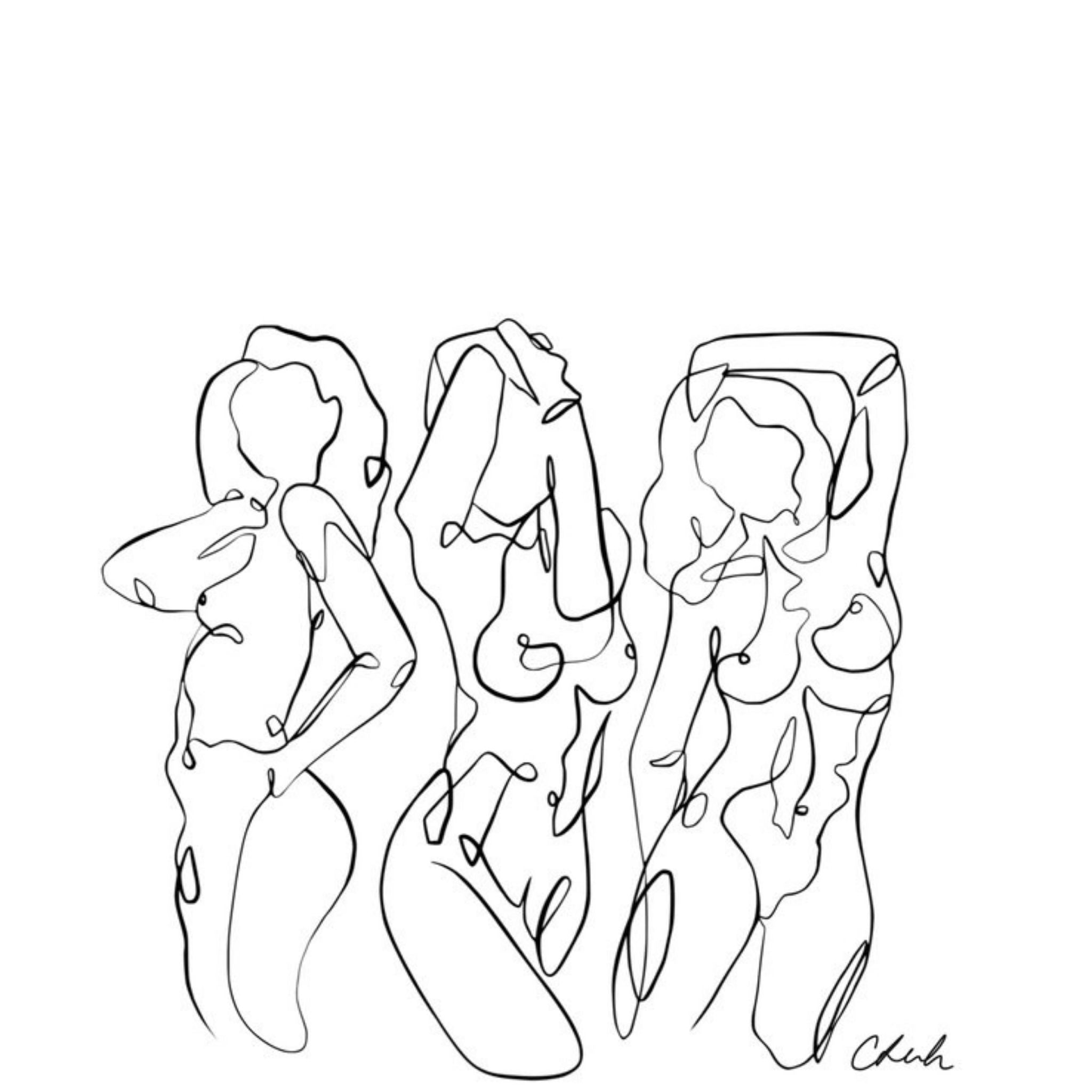 3 women minimalist print art line drawing nude