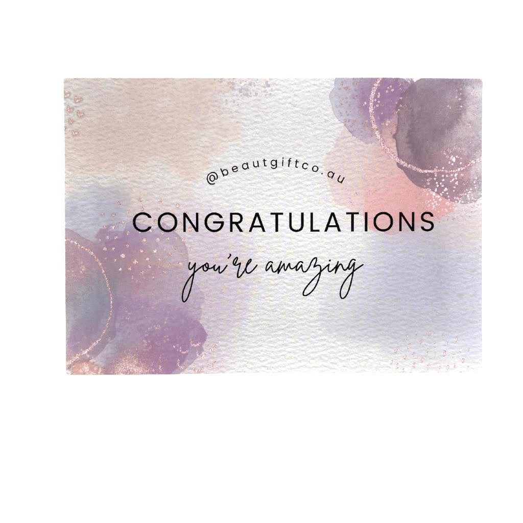 card that reads "congratulations you're amazing" in purple and pink